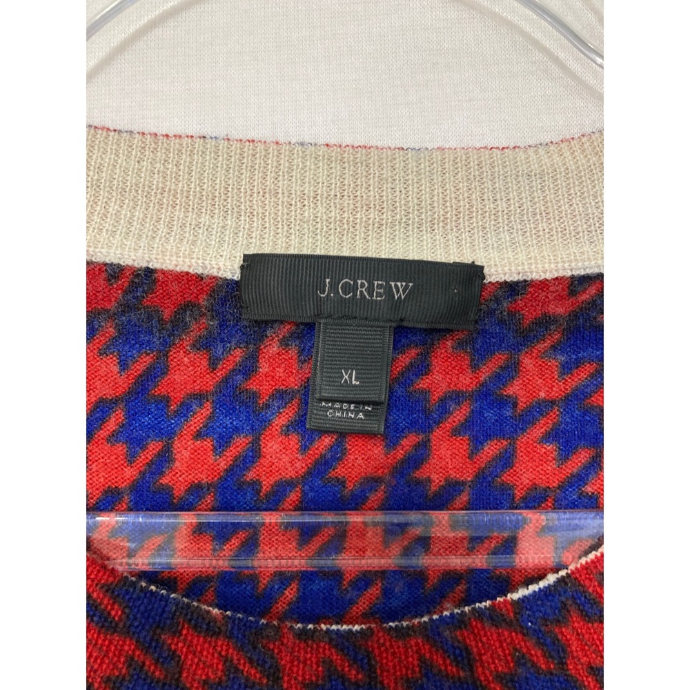 J.Crew Merino Wool Sweater XL Red Blue Houndstooth Crewneck Pullover Knit - Picture 2 of 7